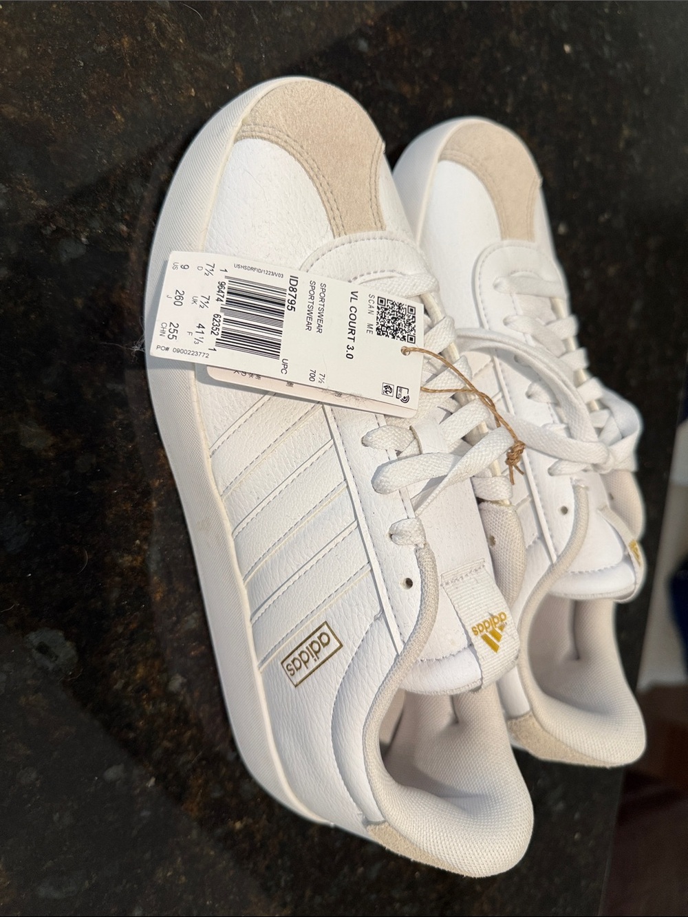 adidas White Sneakers with Beige Suede Accents and Gold Logo
